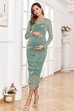 CYCLAMEN 2024 Maternity Mesh Dress Ruched Side Round Neck Pregnancy Dresses Baby Shower Wedding Guest Cocktail Party, Sparkly Sage Green, S