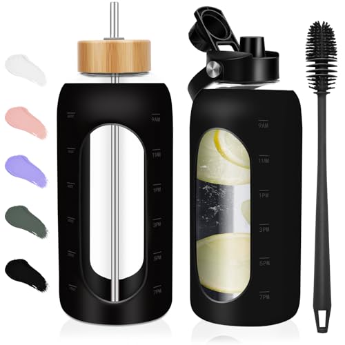 FULBEVY Glass Water Bottles 64 oz - Half Gallon Large Motivational Daily Water Intake Bottle Time Marker - Glass Water Bottle With Straw, Silicone Sleeve 2 Lids, Handle Spout & Bamboo Lid(Black)