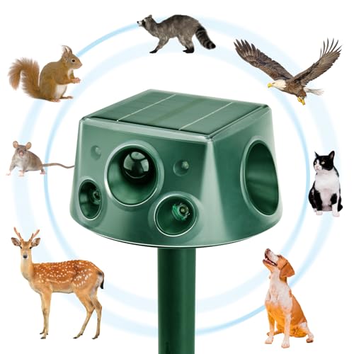 Animal Repellent Ultrasonic, Expanded Detection Range Solar - Animal Repellent Outdoor with Automatic Frequencies, 2 Motion Sensors, 8 Stronger LED Lights, 2 Alarms at 360～ and USB Cable