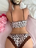 SHENHE Women's Leopard Print Lingerie 2 Piece Set Lace Trim Chain Bra and Panty Set Brown Medium