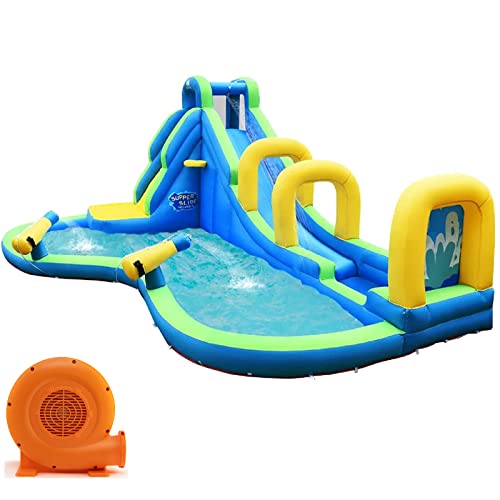 HONEY JOY Inflatable Water Slide, 5 in 1 Water Park Castle Bouncy House w/Water Cannons, Long Slide w/Arch, Indoor Outdoor Blow Up Waterslide Inflatables for Kids and Adults Backyard(With 750w Blower)