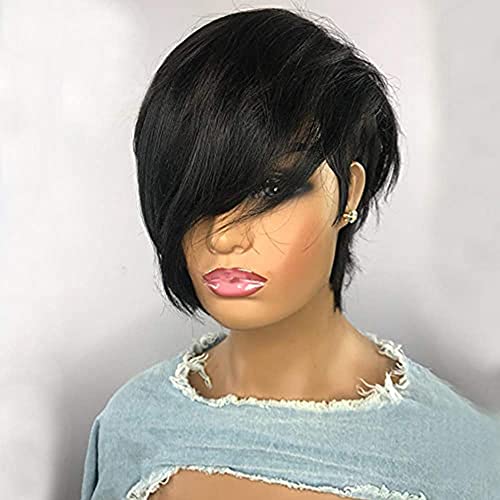 RICONEY Pixie Cut Wigs with Bangs Short Bob Wig Human Hair for Black Women Pixie Cut Short Wigs No Lace Front Wigs Glueless Full Machine Made Wig