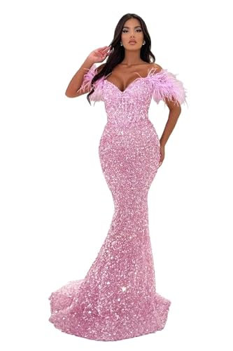 Elegant Prom Dress Long Mermaid Glitter Sequin Off Shoulder Bodycon V-Neck Feathers Formal Evening Party Gowns 2025 Light Pink 20