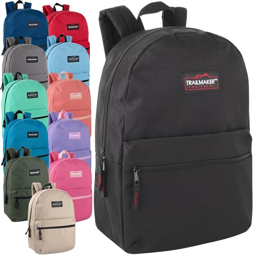 Trail maker 24 Pack- Classic 17 Inch Backpacks in Bulk Wholesale Back Packs for Boys and Girls (Assorted 12 Colors Pack)