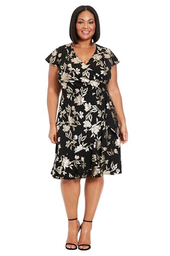 London Times Women's Plus Size Pleated Surplus Cascade Flounce Dress, Black/Gold