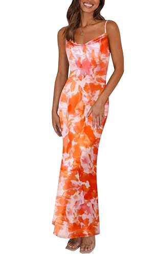 PRETTYGARDEN Women's 2025 Summer Floral Spaghetti Strap Maxi Dress Stretch Sexy Bodycon Dress Backless Slip Long Dresses (Light Orange,Large)