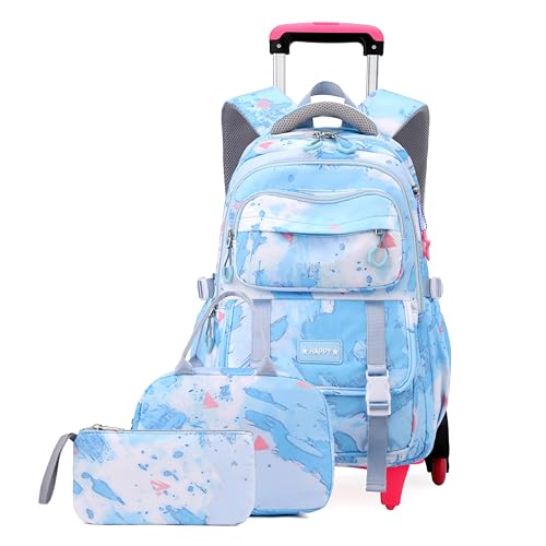 EKUIZAI Girls Trolley Backpack Set Cute Colorful Girls Rolling Backpack Middle School Trolley Schoolbag with Wheels