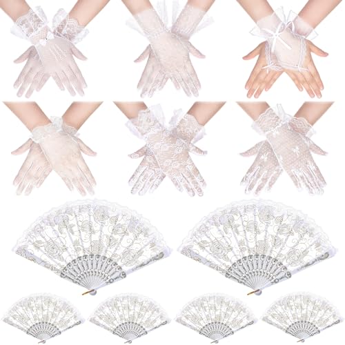 Shyyween 6 Pairs Lace Gloves with 6 Pcs Lace Rose Hand Fans for Women Tea Party Elegant White Lace Gloves for Vintage Tea Party Wedding Decoration