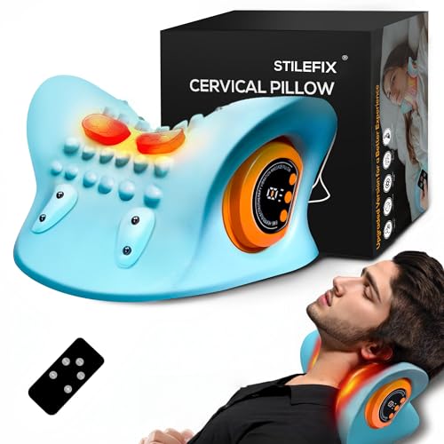 STILEFIX Neck Massager Pillow for Deep Tissue Pain Relief, Portable Neck Stretcher with Heat, 3 Adjustable Modes, Ergonomic 26° Shoulder Massager,Blue