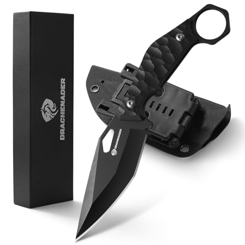 DRACHENADER Survival Knife SEAL-FULL BLACK 9" EDC Fixed Blade Tactical Horizontal Carry Knife for Men with Kydex Sheath, 5mm Thick Stainless Steel, G10 Anti-Slip Handle, Ideal for Gifting, Full Black