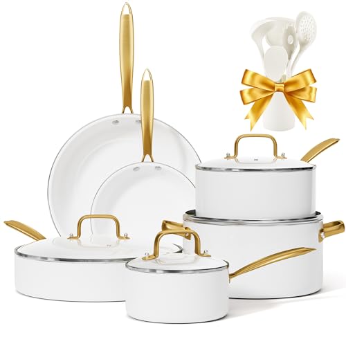 Ceramic Cookware Set, VONIKI 16 Pcs Pots and Pans Set Non Stick, Kitchen Cookware Sets with Cooking Utensils Set, Non Toxic Cookware Set White Gold Pan Set for Cooking Pot Oven & Dishwasher Safe, Gift
