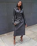 REASERAL Womens PU Leather Outfits Lapel Shirt Long Sleeve with Leather Maxi Skirts Going Out Casual Sets