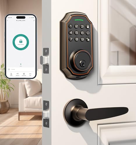 Keyless Entry Door Lock with 2 Handle Set - Bluetooth Smart Lock - Electrionic Keypad Door Lock with Handle - App Control Front Door Lock Set - Anti Peeping Password - Auto Lock
