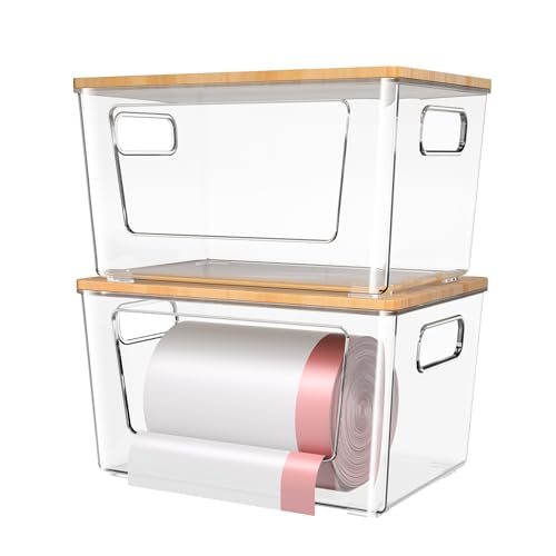 2 Pack Trash Bag Holder with Bamboo Lid, Stackable Trashbag Dispenser, Extra Large Garbage Bag Holder for Kitchen Laundry Room Under Sink Organization and Storage