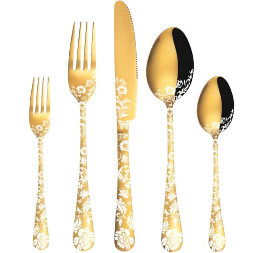 Vilihkc Gold Silverware Flatware Set for 4 Stainless Steel Cutlery Utensil Set, 20 piece Spoon and Fork Set Peony Flower Pattern Design, Mirror Polished Dishwasher Safe