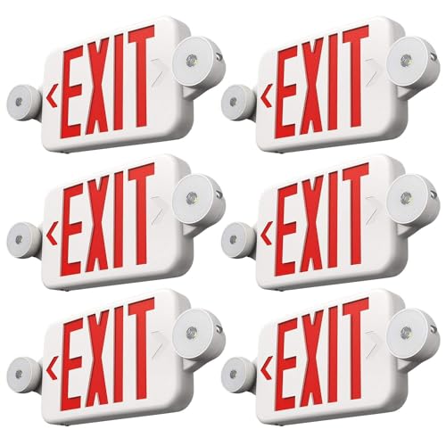 FREELICHT 6 Pack Red Exit Signs with Emergency Lights, Two LED Adjustable Head Emergency Exit Light with Battery Backup,Hard Wired,UL Listed, AC 120/277V,Exit Sign Combo for Business