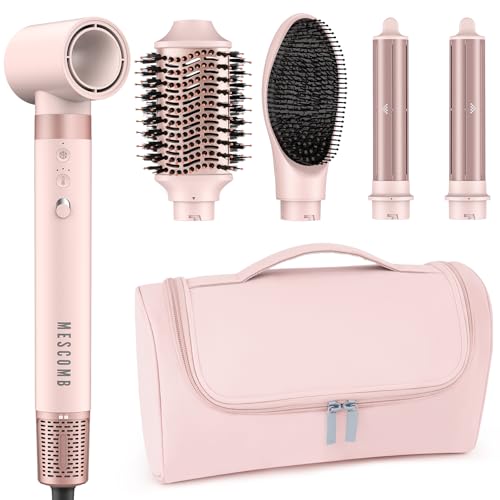 MESCOMB 5 in 1 High-Speed Hot Air Styler - Professional Frizz-Free Blow Dryer Brush, Fast Drying, No Heat Damage - Curl, Volumize, Straighten with Travel Bag