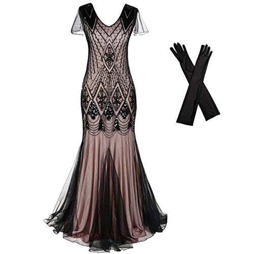 Women Evening Dress 1920s Flapper Cocktail Mermaid Plus Size Formal Gown with Long Gloves Pink Black