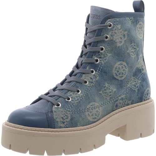 GUESS Women's Shutter Combat Boot, Blue Denim Logo, 8.5