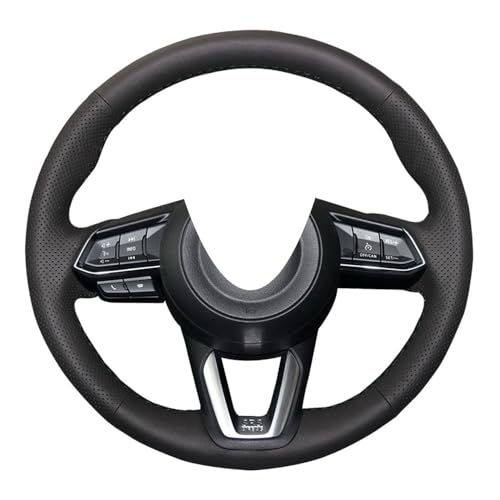Eiseng DIY Genuine Leather Stitch Steering Wheel Cover Custom Fit for Mazda 3 2017 2018 / Mazda CX-5 Mazda 6 2017-2021 / CX-9 2016-2021 / CX-3 2019-2021 15 inches Interior Accessories (Black Thread)