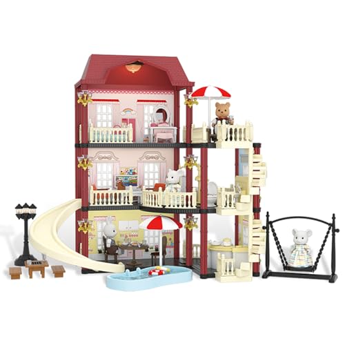 MITCIEN Dollhouse Kit Playset Little Critters Bunny Dolls for Girls with Swimming Pool and Slideside Family Toys for Toddler 3 4 5 6-Year-Old Girl