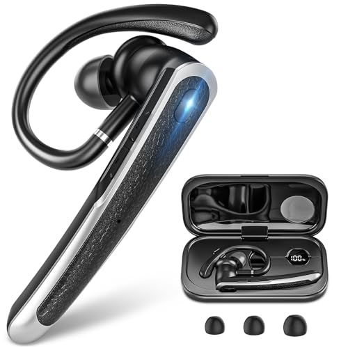 Sisism Bluetooth Headset, Wireless Bluetooth Earpiece with LED Charging Case, Hands Free Noise Canceling Headphones with Dual-Mic for Computer Cell Phones Trucker Home Office Work - Black