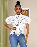 Doweha Ruffle Short Sleeve Blouses for Women Fashion See Through 2024 Summer Top Sexy Cute Peplum Button Down Shirt Tunic White XXL