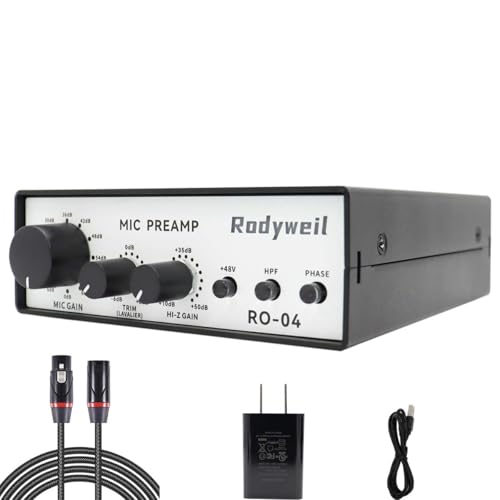 Rodyweil RO-04 Pro Mic Preamp with Hi-Z for Dynamic Condenser Lavalier Mic, Guitar, Bass Recording and Podcasting, Compatible with SM58 SM7B,Instrument DI Box