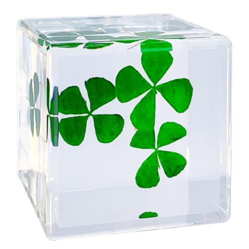 Bon Cube Real Four Leaf Clover Desk Accessory Acrylic Resin Cube Paperweight with Preserved Green 4 Leaf Clovers, 1.58'' Cube 2.9 oz, Shamrock Lucky Charm and Good Luck Irish Gift