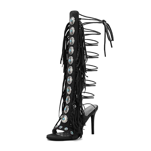 FancyQueen Gladiator Heels Knee High Sandals for Women Fringe Strappy High Heels Open Toe Tassels Lace up Boots Dressy Summer Shoes, Black