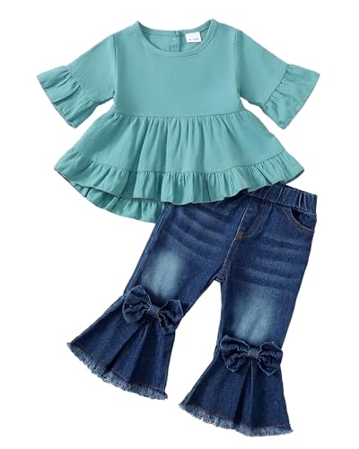 Kucnuzki 18 Months Girl Clothes Toddler Baby Girl Outfits Ruffle Short Sleeve Top Denim Jeans Set Boutique 18-24 Months Girl Clothing