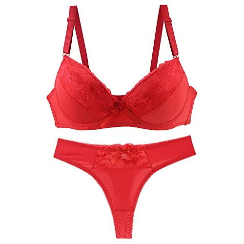 Womens Sexy Lace Push Up Bra and Thong Set Underwire Bras and Panties Sets Red