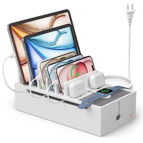 Pezin & Hulin Bamboo Charging Dock Station for Electronic Devices, Docking Organizer for Phone and Tablets, Smart Watch, Earbuds, Power Strip Box (Included 5-Port USB Charger and 5 Cables) -White