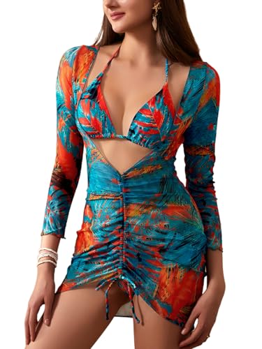 OYOANGLE Women's 3 Piece Swimsuit Floral Print Halter Bikini Set Bathing Suit with Beach Cover Ups Blue Orange