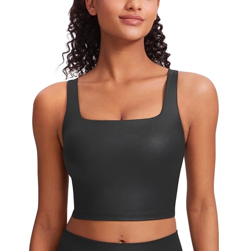 CRZ YOGA Butterluxe Womens Square Neck Longline Sports Bra - Workout Crop Tank Tops Padded Yoga Camisole with Built in Pads Black Foil Pattern Small