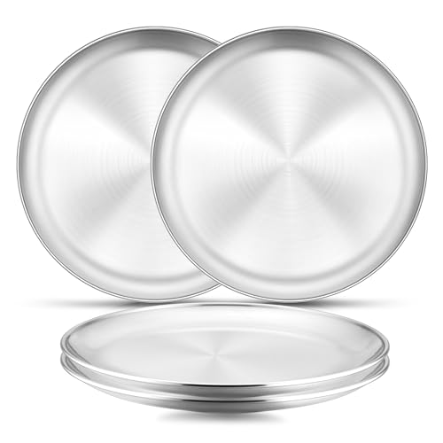 E-far 4-Piece Stainless Steel Plates, 9 Inch Metal Dinner Plates Dishes for Home, Picnic, Outdoor Camping, Healthy & Non-Toxic, Shatterproof & Dishwasher Safe