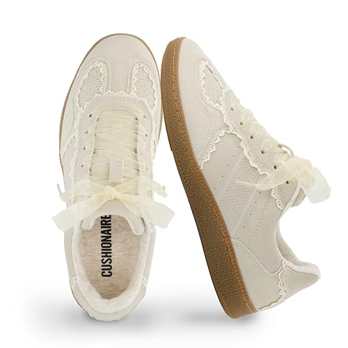 CUSHIONAIRE Belinda Women’s Lace Detail Casual Sneakers – Elegant Ribbon Lace-Up Shoes with Memory Foam, Ivory Vegan Suede 8
