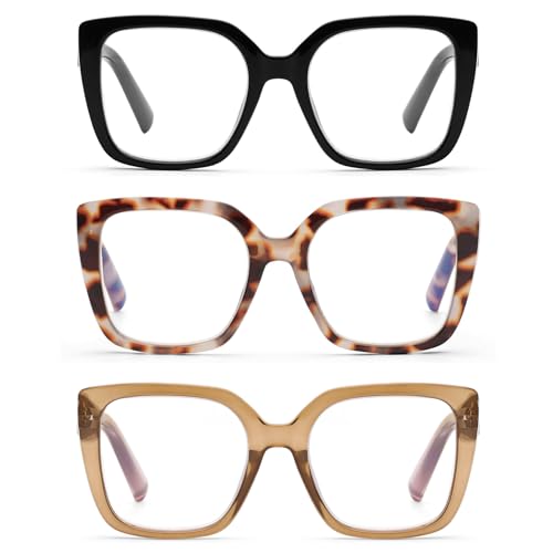 DOOViC 3 Pack Oversized Reading Glasses for Women Blue Light Blocking Square Stylish Computer Readers +2.50 Strength