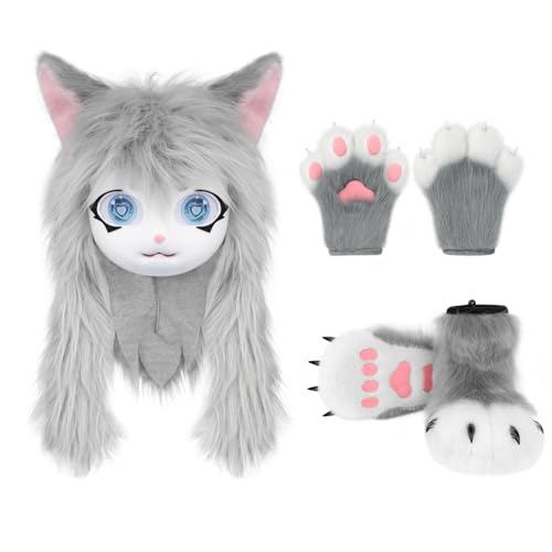 COSYEARS Cat Paw Mittens Gloves Furry Shoes Fursuit Animal Head Mask Halloween Masquerade Cosplay Costume Accessories Set