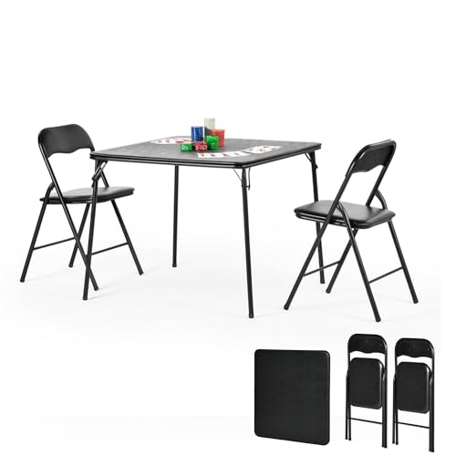 Homy Casa 3 Piece Folding Card Table with 2 Foldable Chairs – 33.9 Inch Square Metal Construction for Indoor & Outdoor Games and Recreation Black