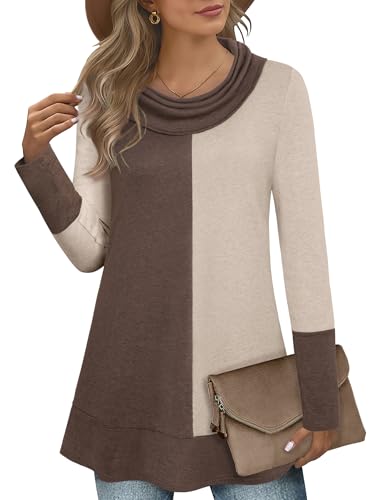 Youtalia Long Hoodies for Women, Womens Tunics to Wear with Leggings Warm Cowl Neck Tops Swing A line Lightweight Loose Fit Casual Tunics Blouses Shirt Tops Beige Medium