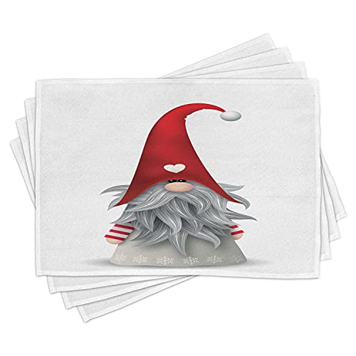 Ambesonne Gnome Place Mats Set of 4, Nordic Tonttu Myth Finnish Creature Nisser Scandinavian Folklore Print, Washable Fabric Placemats for Dining Table, Standard Size, Grey Ruby