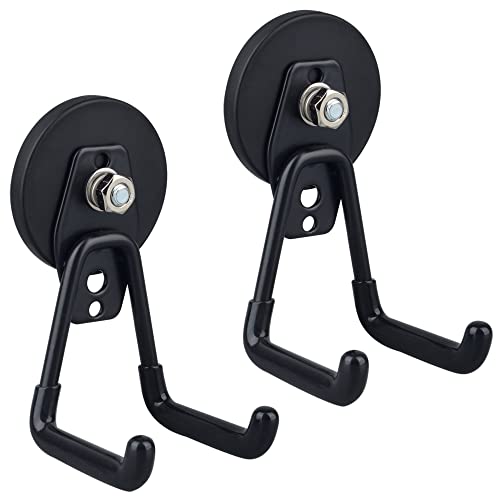ULIBERMAGNET Large Magnetic Hooks,Strong Heavy Duty Magnet Hooks for Power Drill,Broom,Garden Tools,Pegboard,Garage,Workshop,Hardware, 2 Pack Magnet Storage Holder for Indoor Outdoor Hanging(Black)