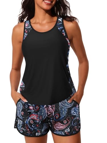 Summer Mae Blouson Tankini Swimsuits for Women 2025 Tummy Control Two Piece Bathing Suits with Sporty Pockets Swim Shorts Black Paisley Size 12