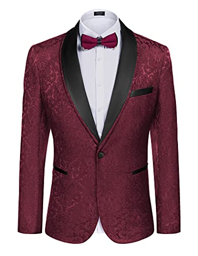 COOFANDY Men's Floral Tuxedo Jacket Christmas Dinner Suit Jacket New Years Party Blazer Wine Red