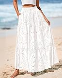 BTFBM Women's Boho Casual Skirts Summer 2025 Lace Embroidery Eyelet Elastic Waist Flowy Tiered A-Line Beach Maxi Skirt(White, Medium)