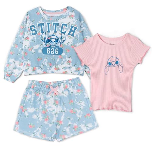 Disney Lilo & Stitch Little Girls French Terry Drop Shoulder Sweatshirt, T-Shirt & Shorts 3 Piece Outfit Set Tie Dye 7-8