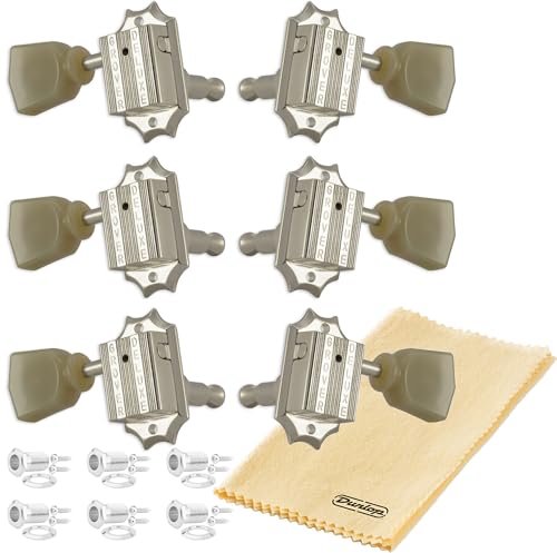 Grover 135N Deluxe Vintage Guitar Tuning Machines Tuner Keys Nickel Set 3+3 14:1 Ratio "Green Key" Keystone Button with Dunlop Polish Cloth Bundle LP Les Paul Style Replacement Upgrade Tuners