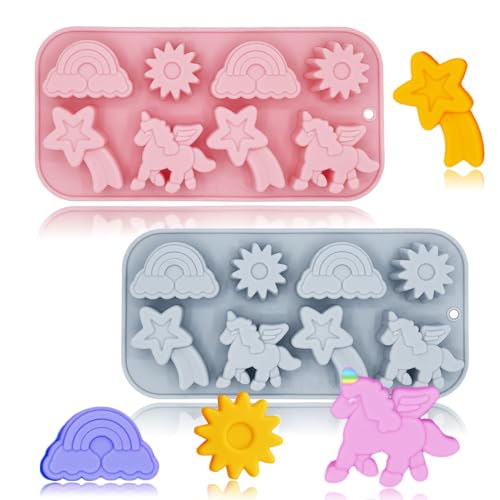 2 Pack Unicorn Molds Silicone 8 Cavity 3D Flying Unicorn Themed Baking Mould Tray with Cartoon Rainbow Meteors Sun for Kids' Party Chocolate Cake Topper Dessert Mousse Pastry Handmade Soap Crayons