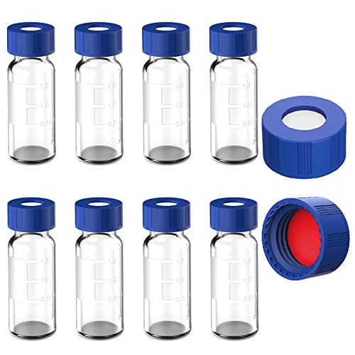 FOUR E'S SCIENTIFIC 2 mL Autosampler Vial 1000 Pack- HPLC Vial | 9-425 Clear Vial with Blue Screw Caps | Writing Patch | Graduation | Red PTFE & White Silicone Septa Fit for LC Sampler